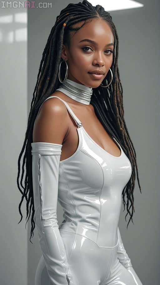 Hyper-realistic digital portrait of a dark-skinned woman with long dreadlocks wearing a shiny white latex jumpsuit with detached sleeves and large hoop earrings.