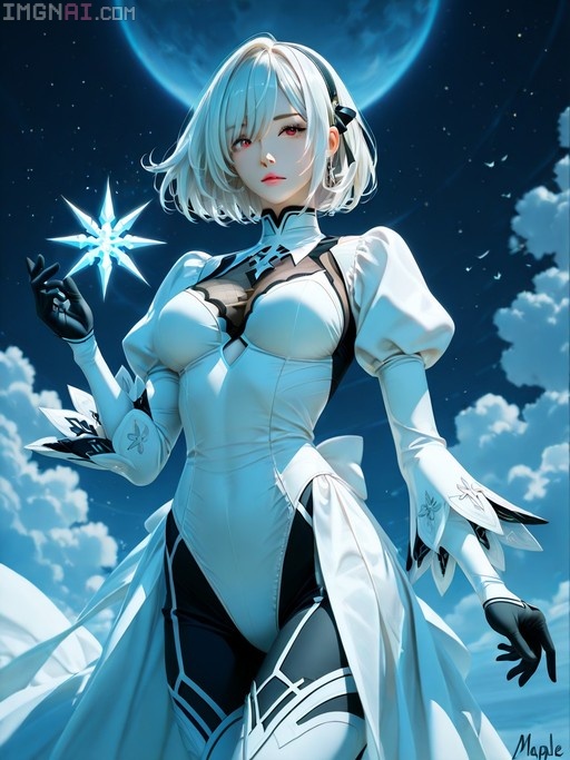 A digital illustration of Yorha 2B from Nier: Automata with white hair and red eyes, wearing a white outfit with puffy sleeves and holding a glowing blue star against a moonlit sky.