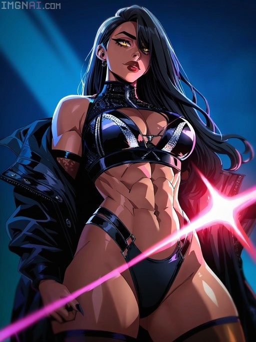 A muscular woman with long black hair and yellow eyes holds a glowing pink sword while wearing a black outfit and jacket in a comic book style.