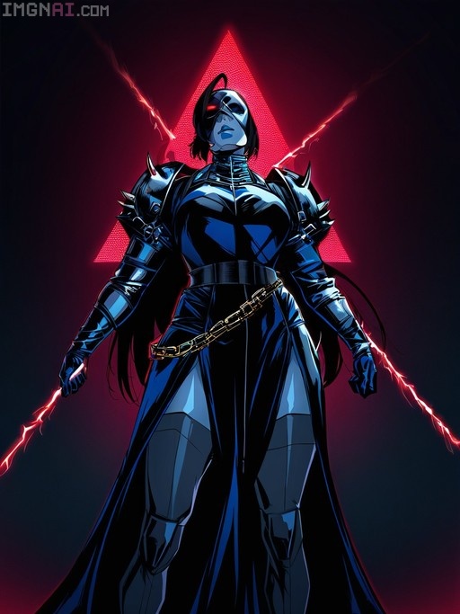 Blue-skinned warrior Xaela wearing spiked armor and a mask, standing before a red triangle with lightning.