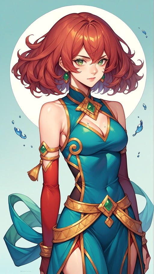 An anime-style illustration of a woman with wavy red hair and green eyes wearing a teal dress with gold accents and a red glove, surrounded by floating blue water droplets.