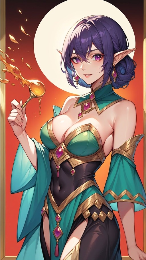 An anime-style illustration of a purple-haired elf in a teal and gold dress holding a golden spoon dripping with honey.