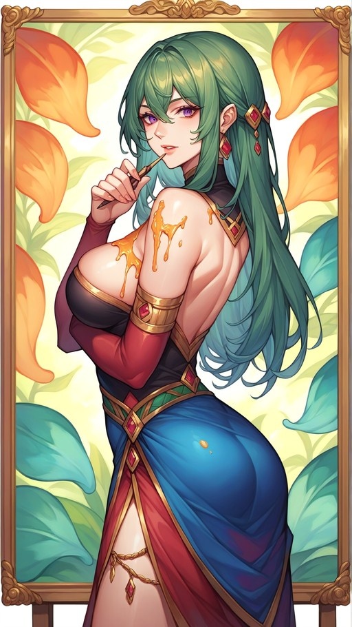 An anime-style woman with long green hair and pointed ears stands before orange flowers, holding a brush near her lips while honey drips down her shoulder.