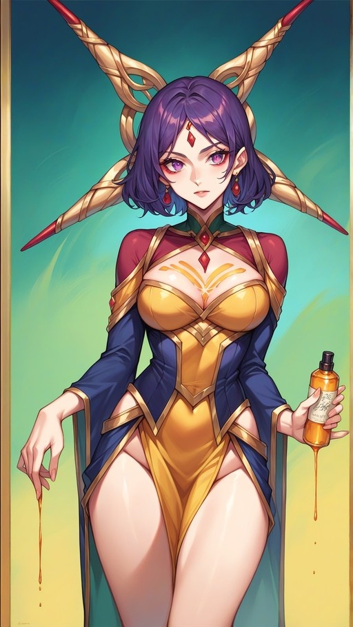 An anime-style woman with short purple hair and large golden horns holds a bottle of dripping honey while wearing a gold and blue fantasy outfit.
