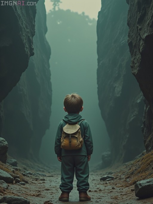A young boy with a tan backpack stands facing away from the viewer at the entrance of a narrow, foggy rock passage leading into a misty forest.
