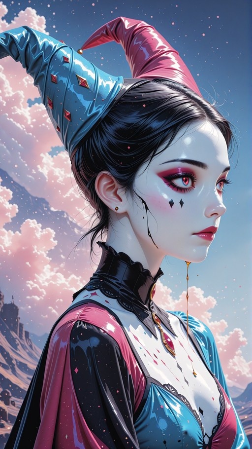 A side profile of a pale-skinned woman with black hair and red eyes wearing a blue and pink jester's hat and costume, with dark liquid running down her face against a cloudy sky background.