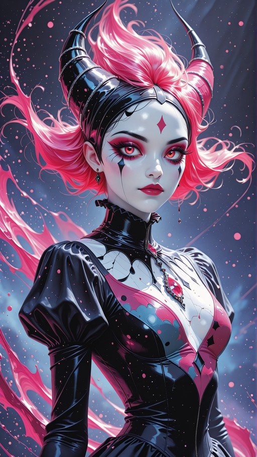A digital illustration of a pale-skinned woman with vibrant pink hair and large black horns wearing a shiny black and pink dress with puffy sleeves and dramatic makeup.