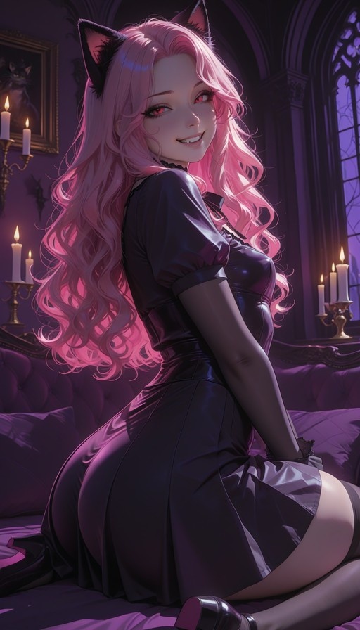 Pink-haired cat girl in a shiny black dress kneeling on a bed with candles