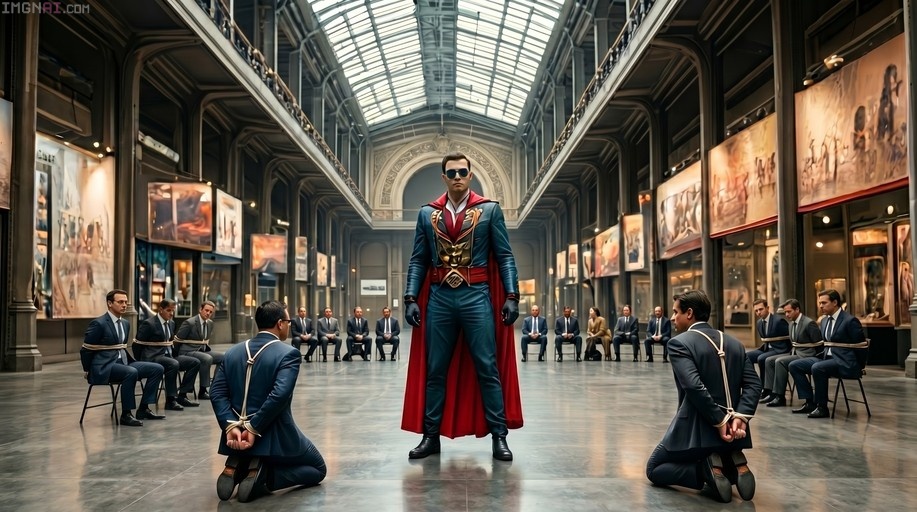 A superhero in a blue suit and red cape stands before two kneeling men with bound hands in a grand gallery hall.