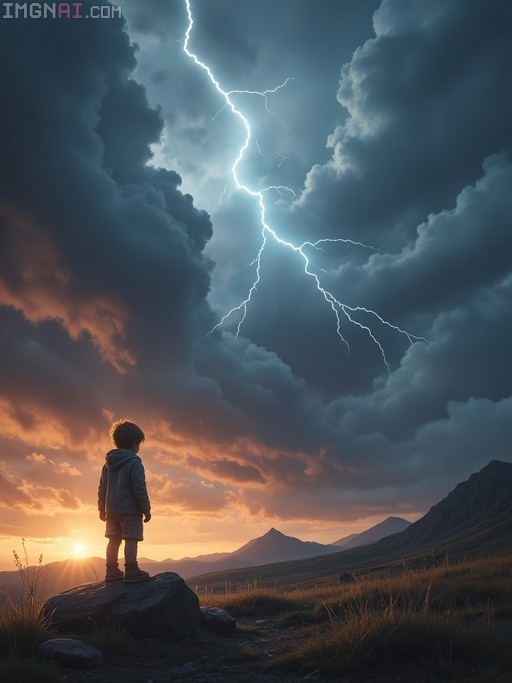 A young boy stands on a large rock in a grassy field, looking up at a massive lightning bolt striking through dark clouds above a mountain range at sunset.