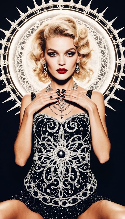 A glamorous blonde woman with wavy hair and red lips poses in a black embroidered dress with heavy jewelry against a dark background featuring a large ornate spiked halo frame.