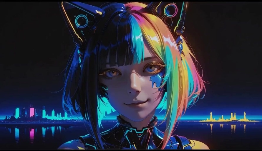 A close-up video of an anime-style girl with short multicolored hair and mechanical cat ears smiling against a dark background with a neon-lit city skyline reflecting on water.