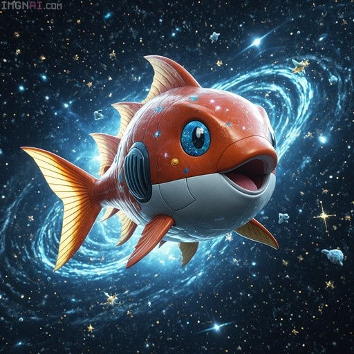 A robotic orange Magikarp with mechanical paneling and starry blue eyes floating in deep space against a swirling nebula background.
