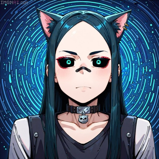 Portrait of Ian the Reckless with cat ears, long dark hair, black sclera eyes, and a skull choker.