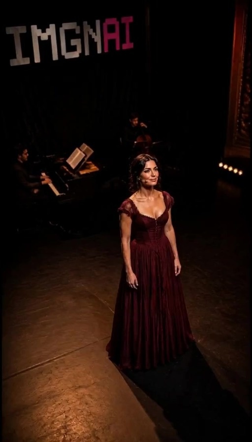 A woman in a burgundy dress sings into a microphone on stage, turning to face an applauding audience under warm theater lights.
