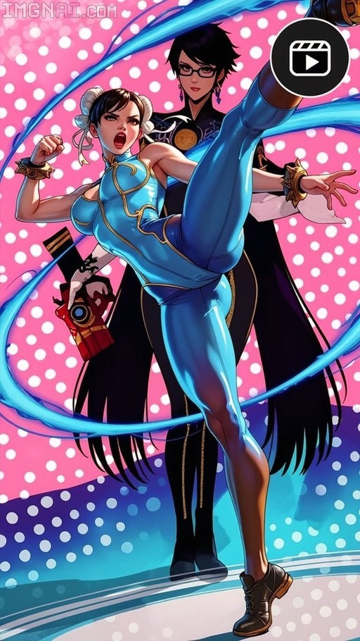 Chun-Li performs a high kick in a blue bodysuit while Bayonetta stands behind her against a pink polka dot background.