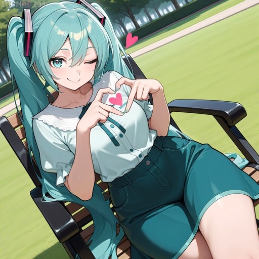 Hatsune Miku sitting on a park bench, winking and making a heart shape with her fingers.