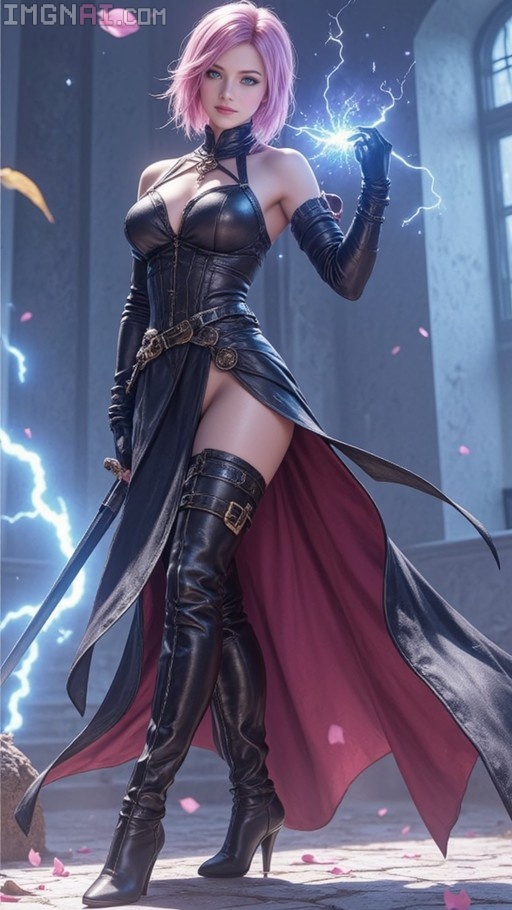 Photorealistic illustration of Lightning Farron with pink hair and blue eyes holding a sword and conjuring lightning in a black leather outfit.