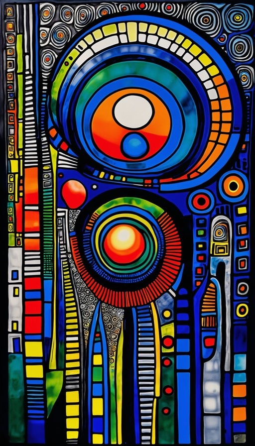 A vibrant abstract composition with large concentric circles in orange and red surrounded by blue rings, set against a background of vertical stripes and geometric patterns in yellow, green, and white.