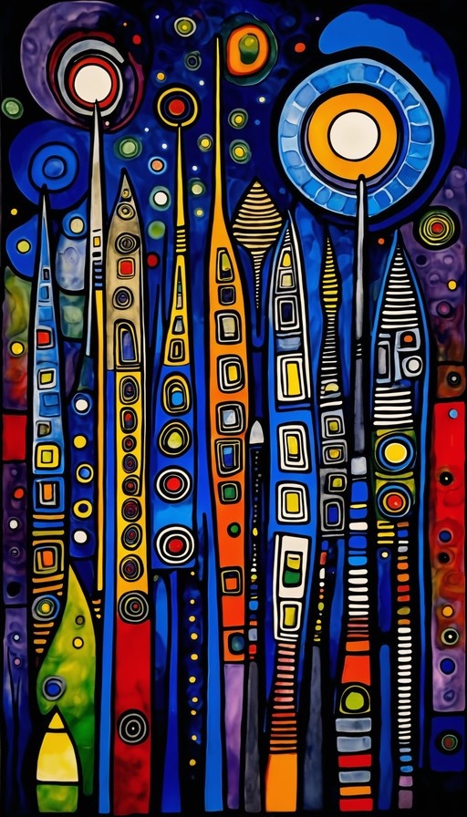 Abstract artwork featuring tall colorful geometric towers against a dark blue background with large circular designs at the top.