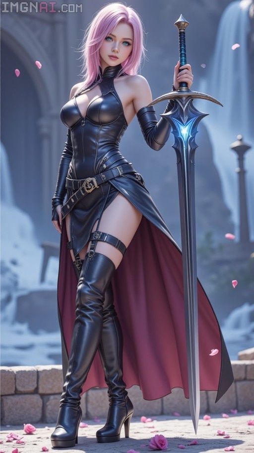 A photo-realistic image of Lightning Farron from Final Fantasy holding a large sword with a blue glow, wearing a black leather outfit and thigh-high boots while pink petals fall around her.
