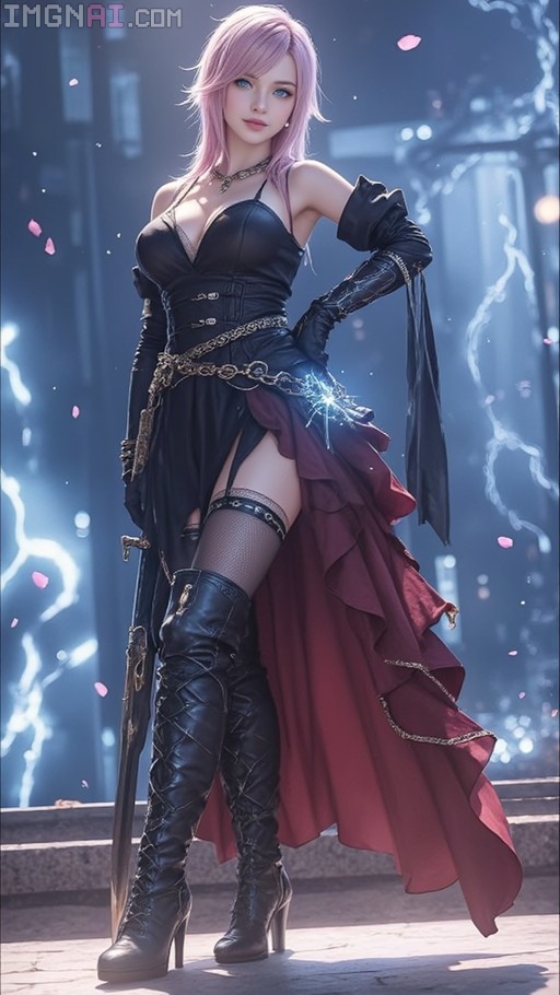 Full body shot of Lightning Farron from Final Fantasy XIII standing with a sword, wearing a black and red dress with thigh-high boots, surrounded by blue electricity and falling petals.