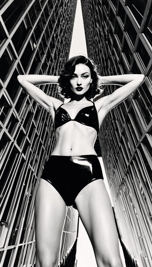 A monochrome digital illustration of a woman with short hair wearing a shiny black bikini, posing with arms raised behind her head between tall city buildings.