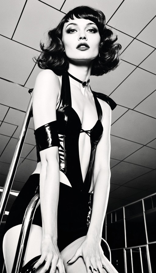 A low-angle black and white photograph of a woman with short dark hair wearing a shiny black halter-neck outfit and jewelry, looking up at the camera against a tiled ceiling.