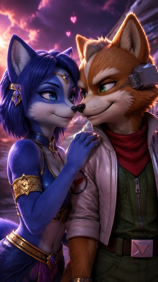 Two anthropomorphic foxes, an orange male in a green jumpsuit and a blue female with purple hair, touch noses affectionately under a purple sky.