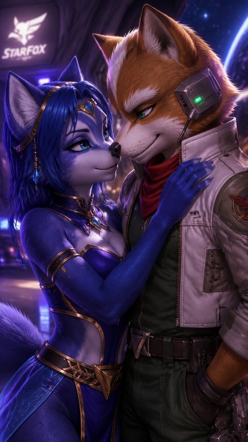 A blue-furred female fox and an orange male fox standing close together in a romantic pose with a Star Fox logo in the background.
