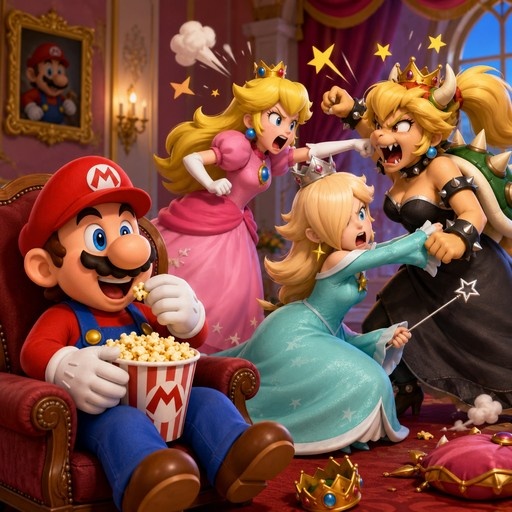 Mario sits in a red armchair eating popcorn while Princess Peach and Rosalina react to Bowsette grabbing Rosalina's arm.