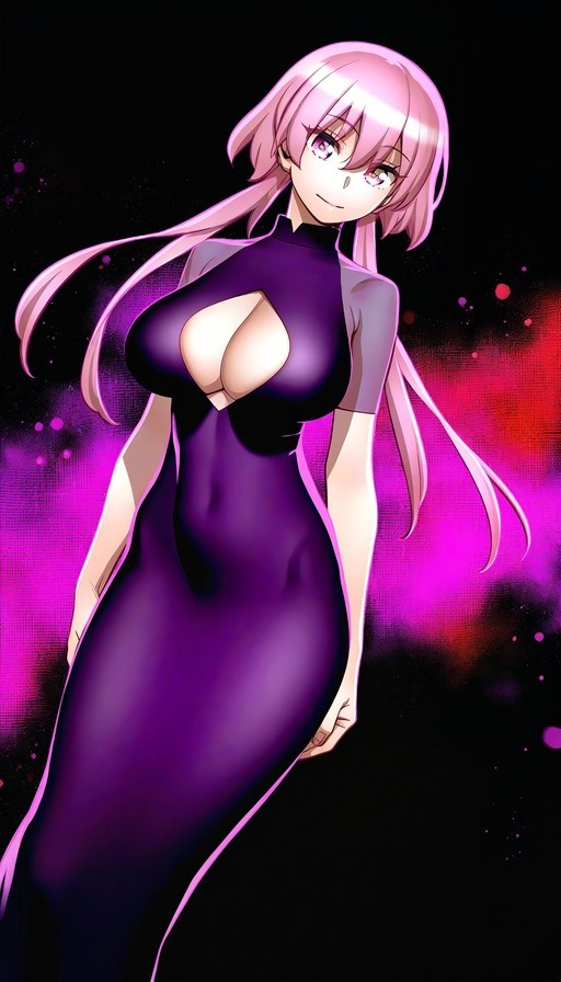 A full-body portrait of a smiling anime girl with long pink hair wearing a tight purple dress with a chest cutout against a dark background with pink light effects.