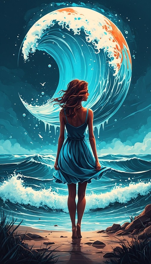 A woman in a blue dress stands on the shore at night, looking up at a massive curling wave that fills the sky like a glowing moon.