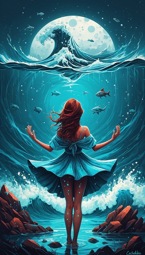 A red-haired woman in a blue dress stands with her back to the viewer in shallow water, looking up at a giant full moon and crashing waves while fish swim around her in this surreal digital illustration.