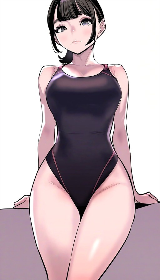 Anime girl with short black hair in a black high-cut swimsuit sitting on a ledge.