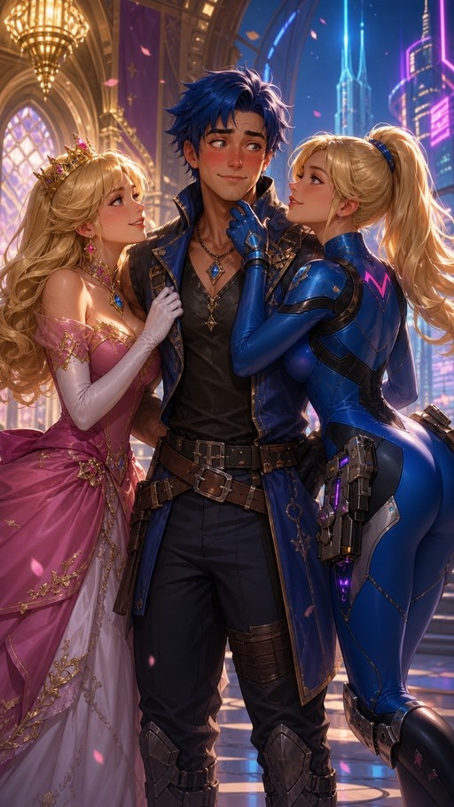 A blue-haired man blushes while standing between Samus Aran in a blue bodysuit and a blonde princess in a pink dress inside a grand hall with a futuristic city view.