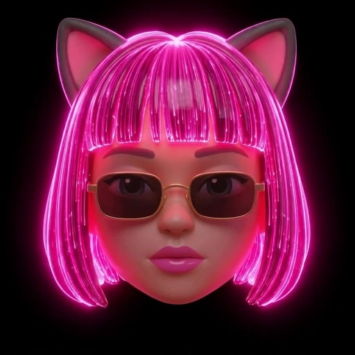 A close-up of a 3D animated female character with glowing neon pink hair and cat ears wearing dark sunglasses against a black background.