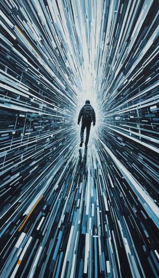 A lone boy wearing a backpack walks away from the viewer toward a bright light at the end of an abstract blue tunnel filled with vertical streaks.