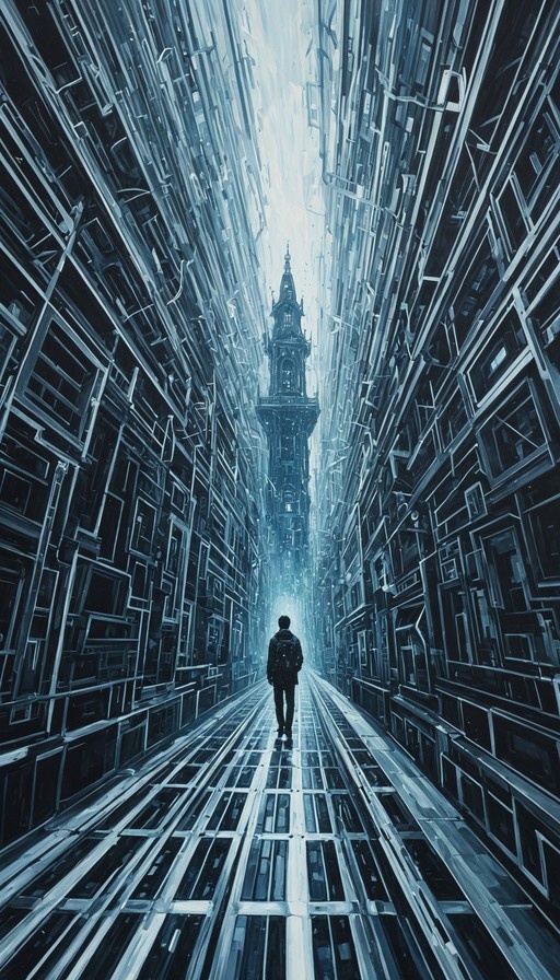 A lone figure walks away from the viewer down a long, narrow corridor with tall walls toward a distant clock tower in a monochromatic blue digital painting.