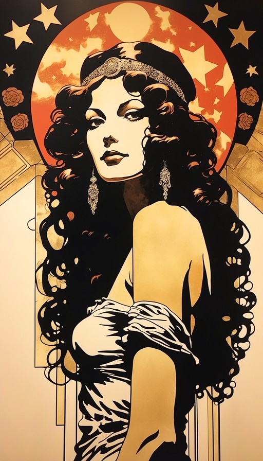 An Art Nouveau style illustration of a woman with long dark wavy hair and dangling earrings, framed by an orange circular background with stars.