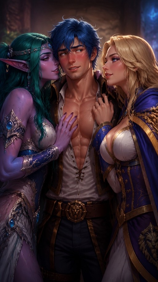 Two women in fantasy attire surround a blushing blue-haired man, one purple-skinned elf touching his chest and the other blonde woman leaning close.