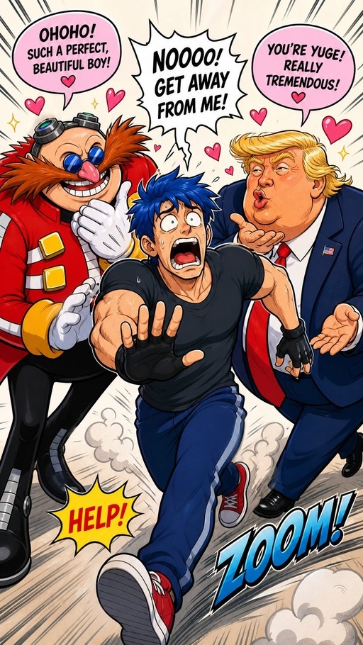 A comic-style drawing of Dr. Eggman and Donald Trump chasing a terrified muscular man with blue hair and red shoes who is running away while they blow kisses.