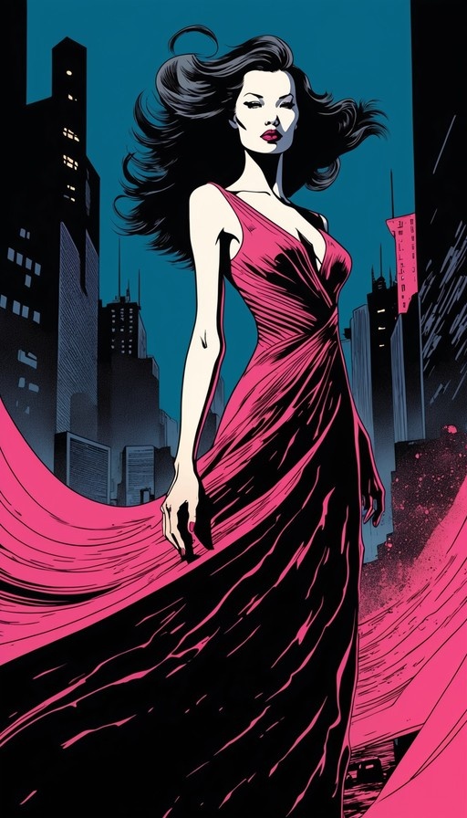 Woman in flowing pink dress walking through city at night in comic book art style.