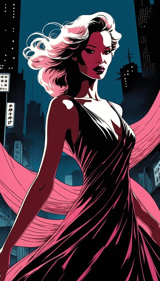 A woman with flowing white hair in a black and pink dress stands against a dark city skyline at night in a comic book art style.