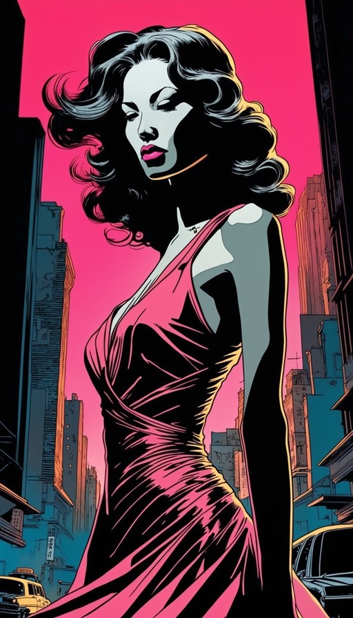 A western comics style illustration of a woman with black curly hair in a pink dress standing in a city.