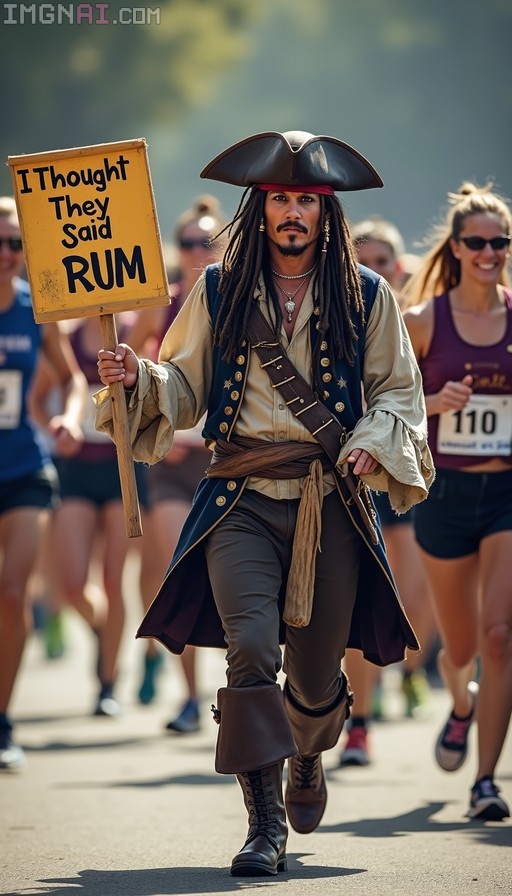 Johnny Depp as Captain Jack Sparrow holding a yellow sign reading 'I Thought They Said RUM' while jogging in a marathon.