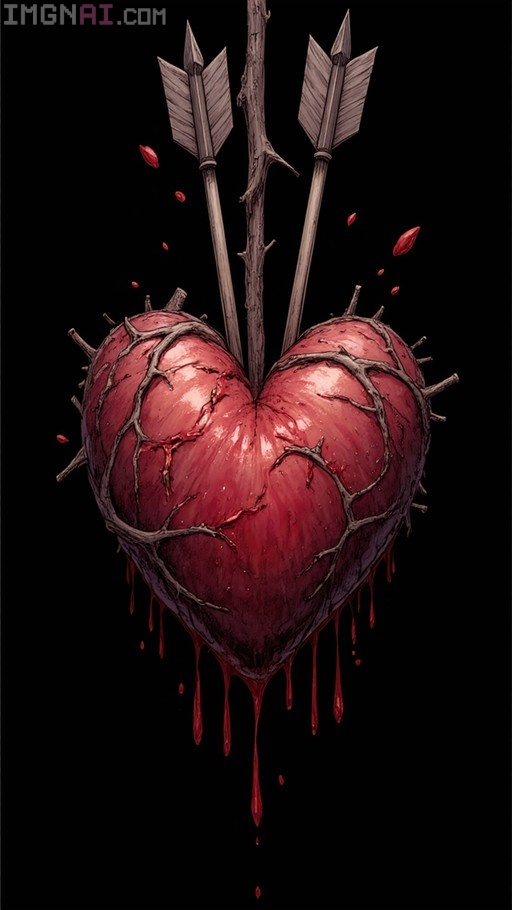 A red anatomical heart pierced by wooden arrows and wrapped in thorny vines, dripping blood against a black background.