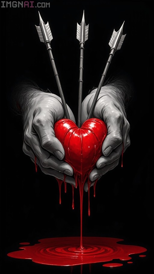 Two pale hands holding a bright red heart pierced by three silver arrows with blood dripping down into a pool.
