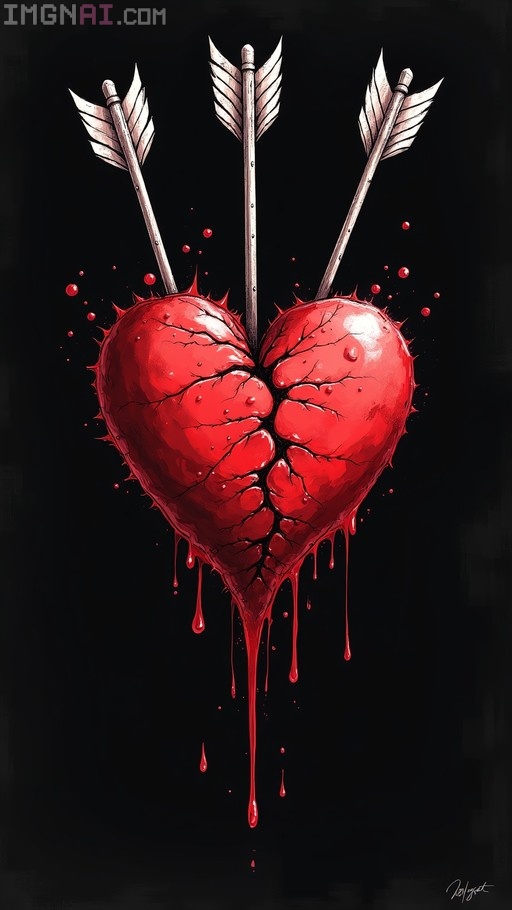 A digital illustration of a large red anatomical heart pierced by three white-feathered arrows, with red liquid dripping down against a solid black background.