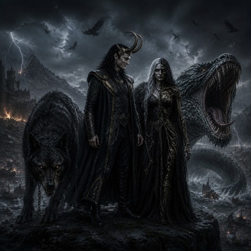 Loki in armor standing next to a large black wolf and a giant snake under a dark stormy sky